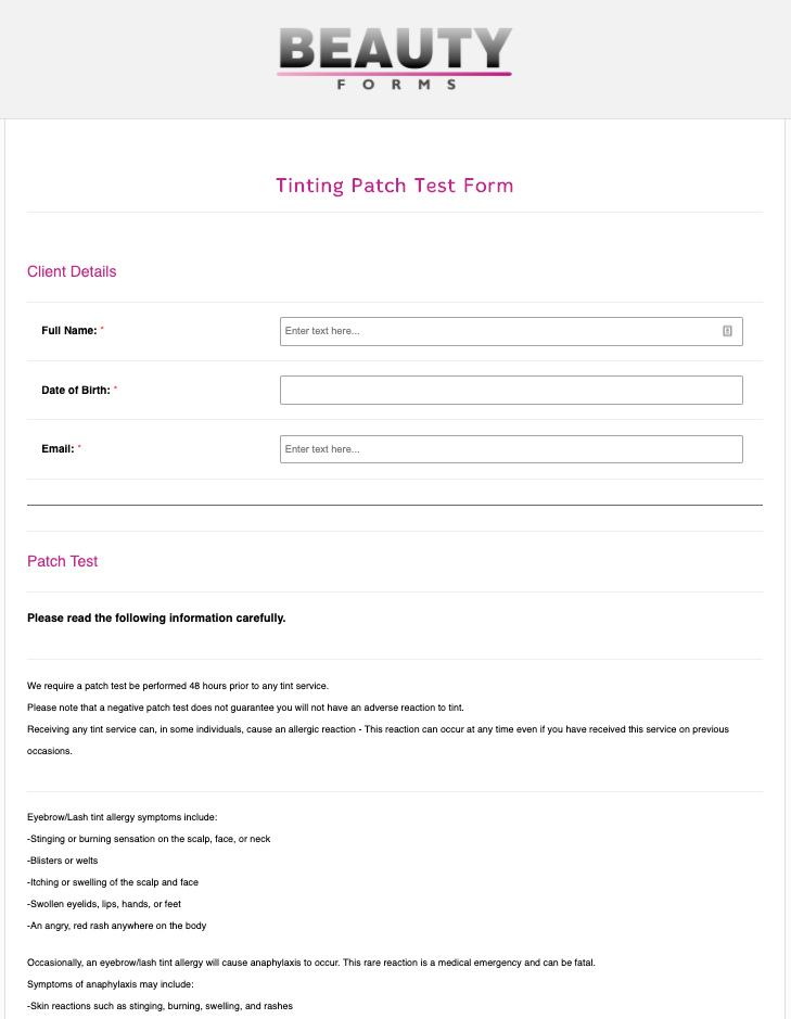 Brow Tinting Patch Test Form