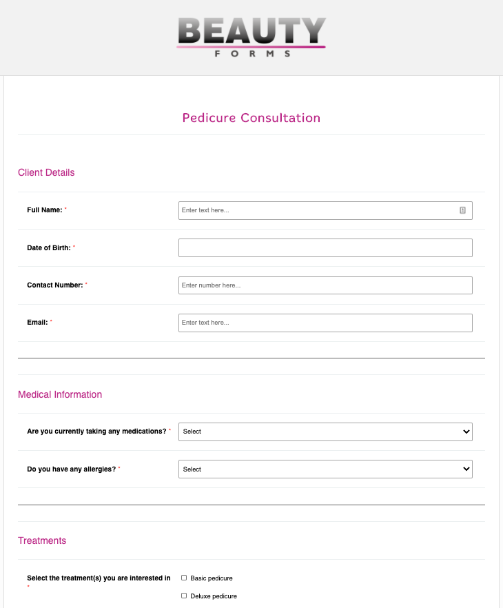 Pedicure Consultation Form