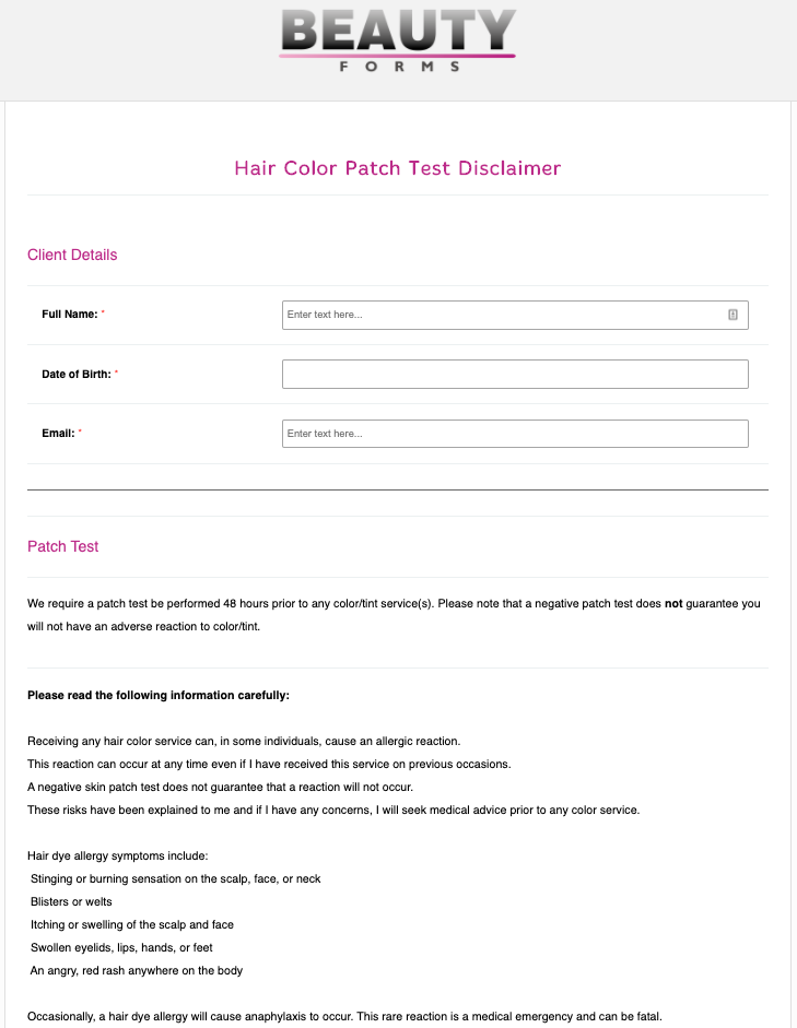 Hair Color Patch Test Disclaimer Form - Online Form Templates - PDFs