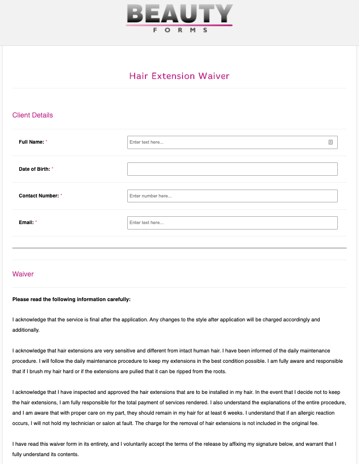 Hair Extension Waiver Form | Online Templates | Beauty Forms