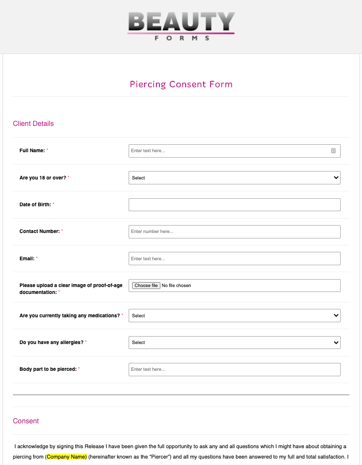 Piercing Consent Form Online Form Templates Beauty Forms