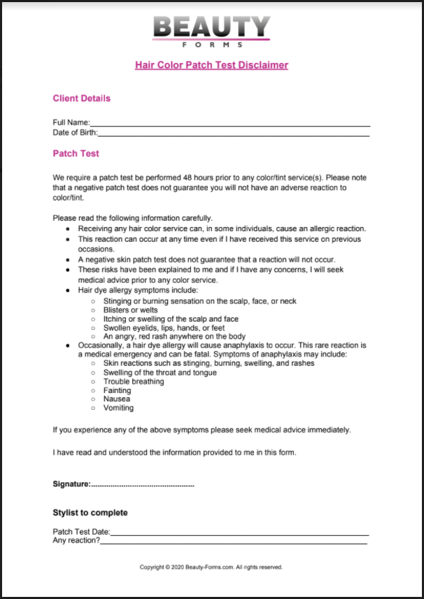 Hair Color Patch Test Disclaimer PDF - Printable PDF Download