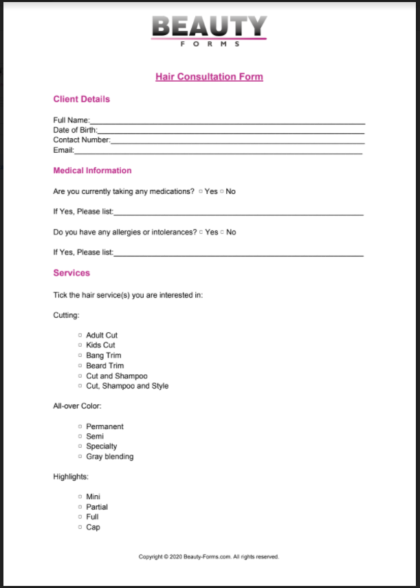 Hair Consultation PDF Template - Printable PDF Download