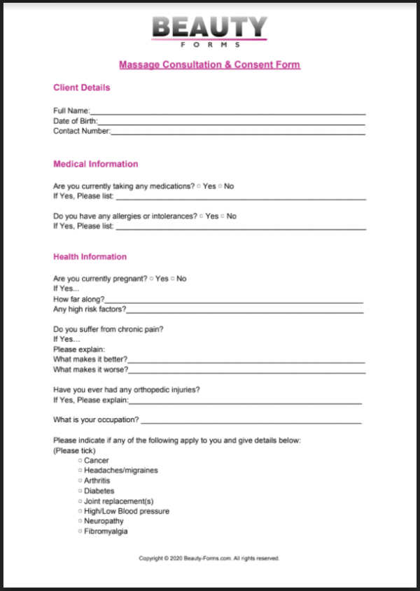 Massage Consultation Pdf Printable Pdf Download