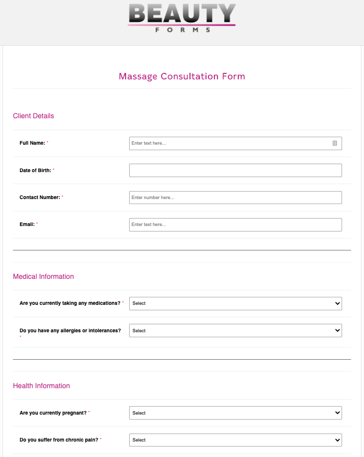 Massage Consultation Form
