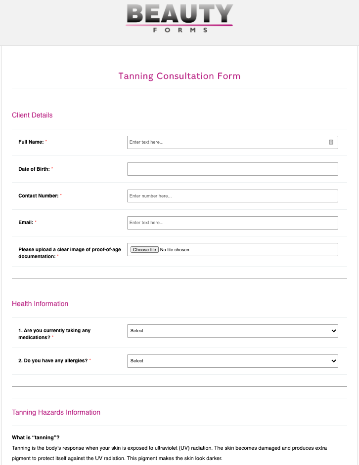 Tanning Consultation Form