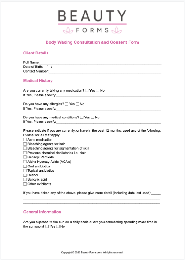 Body Waxing Consent PDF Printable PDF Download