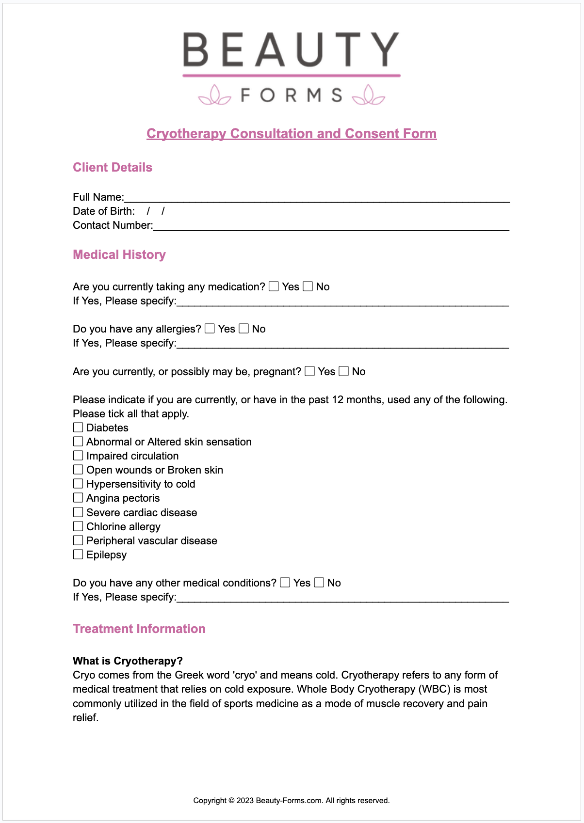 Cryotherapy Consent Form