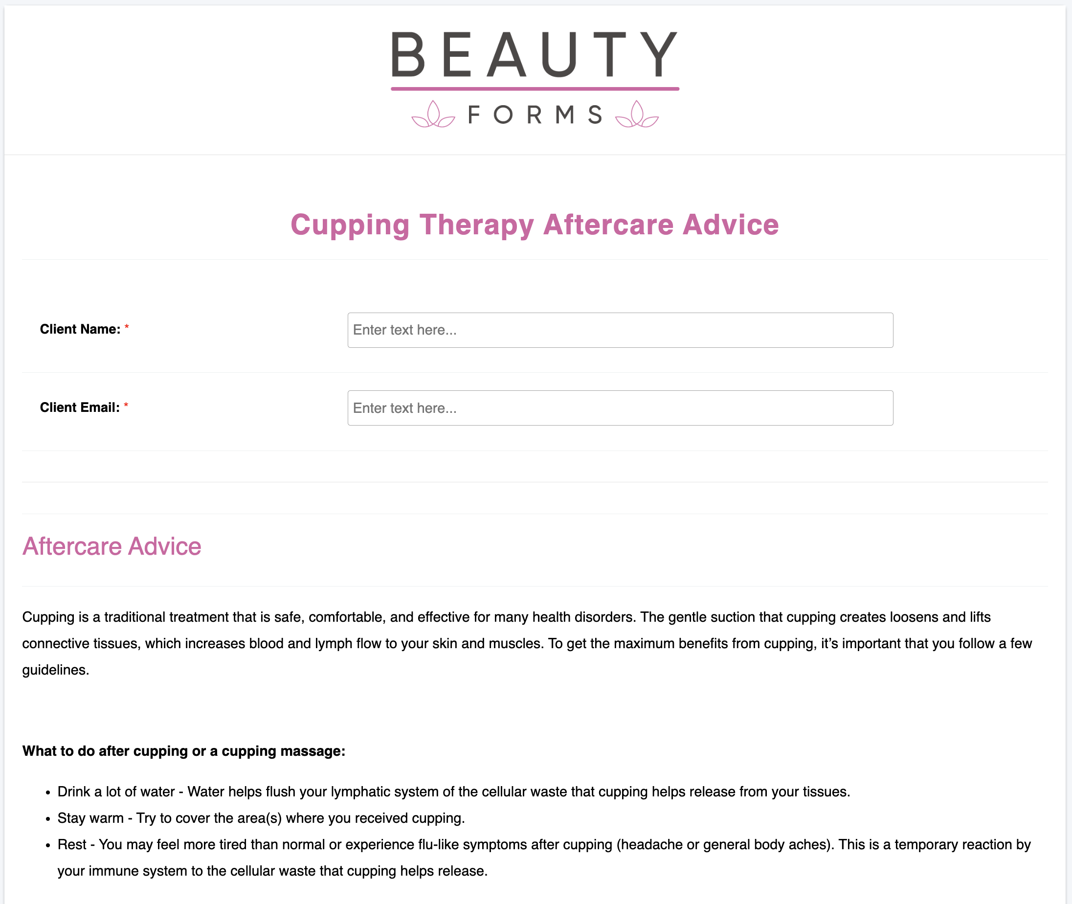 Cupping Therapy Aftercare Form