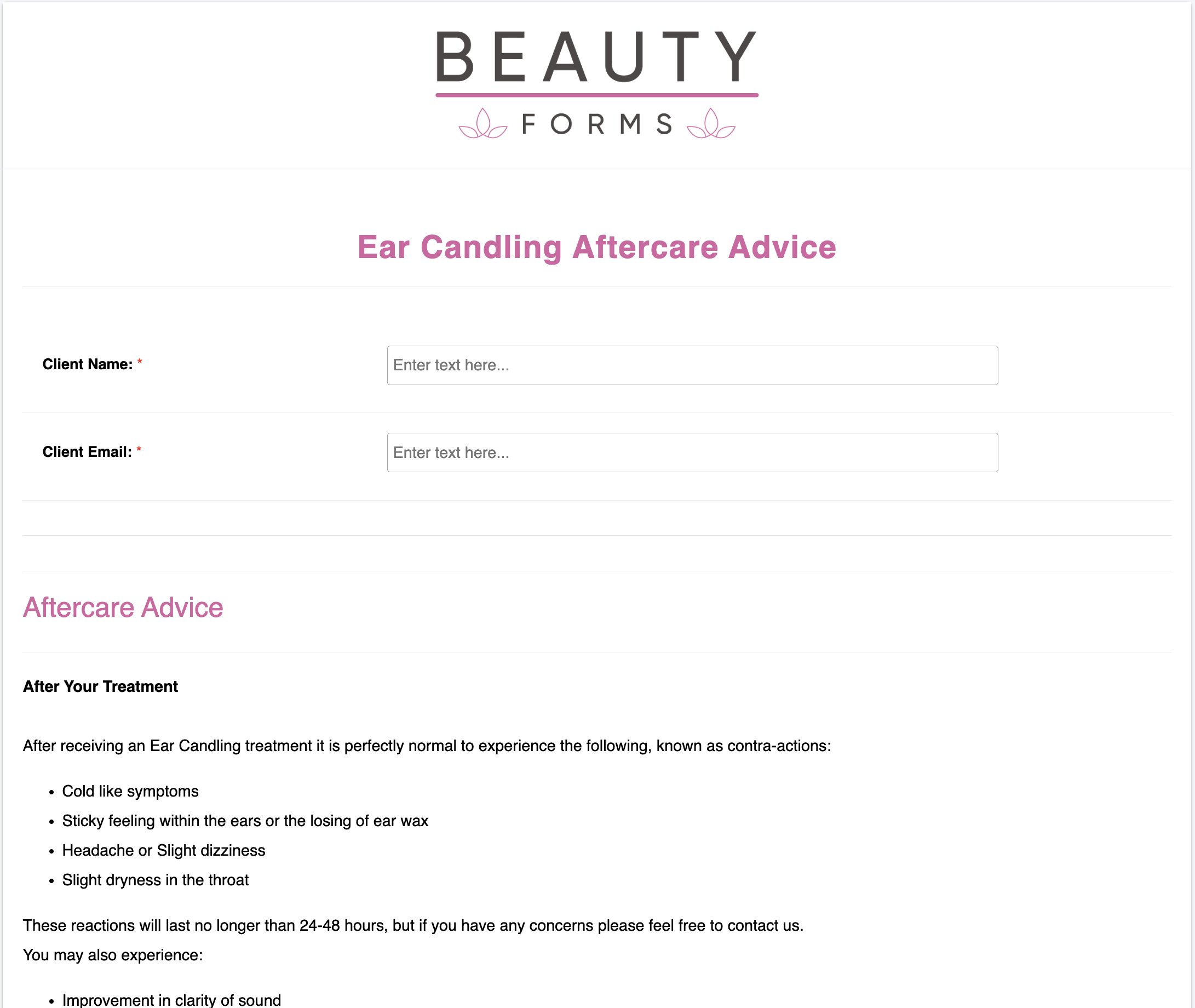 Ear Candling Aftercare Form
