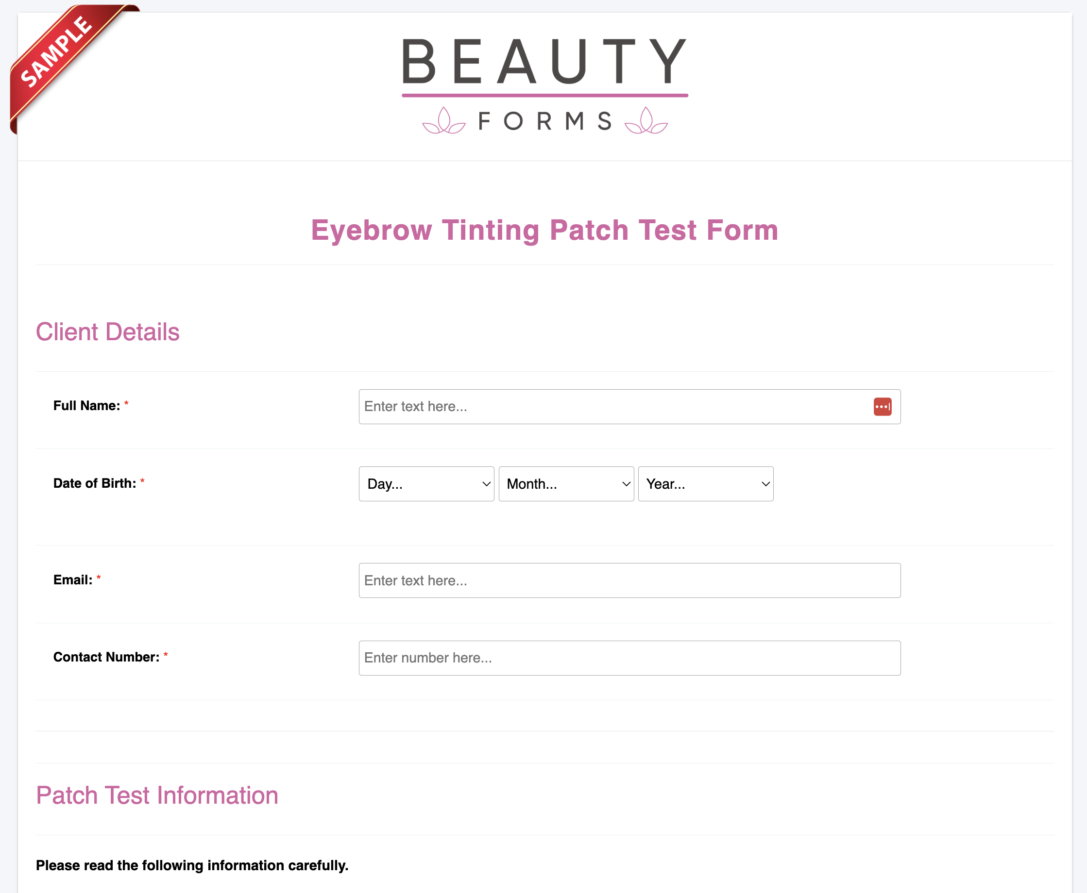 Eyebrow Tint Patch Test Form