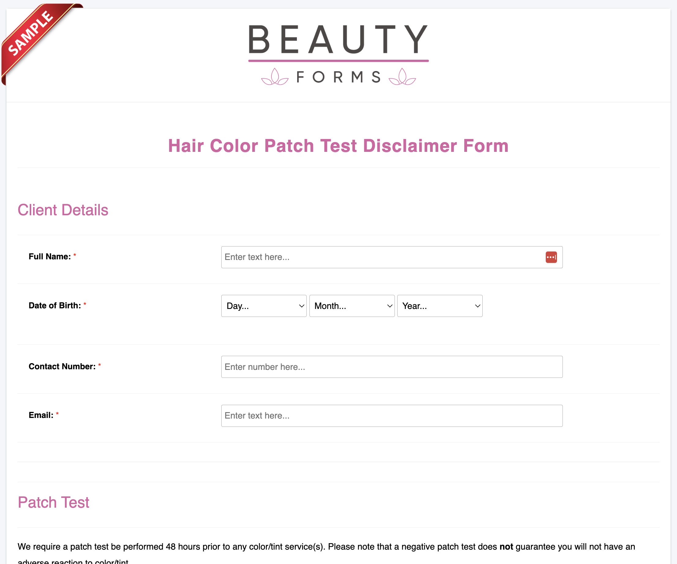 Hair Color Patch Test Disclaimer Form