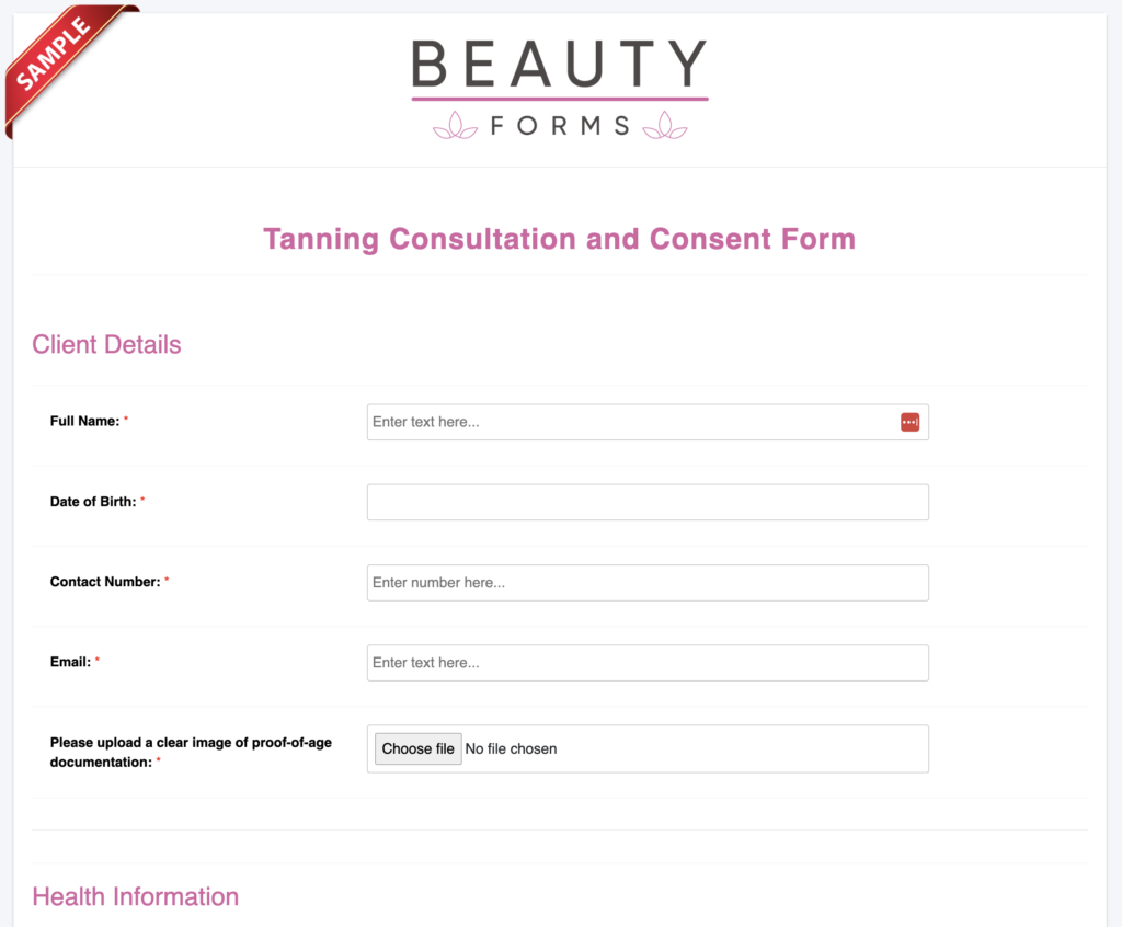 Tanning Consent Form Online Form Templates Beauty Forms 1485